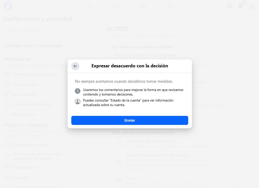 Captura de pantalla del proceso para enviar un desacuerdo en Facebook