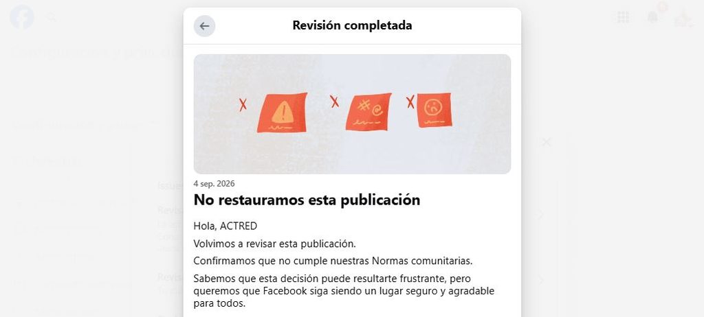 Captura de pantalla de revisión completada en Facebook
