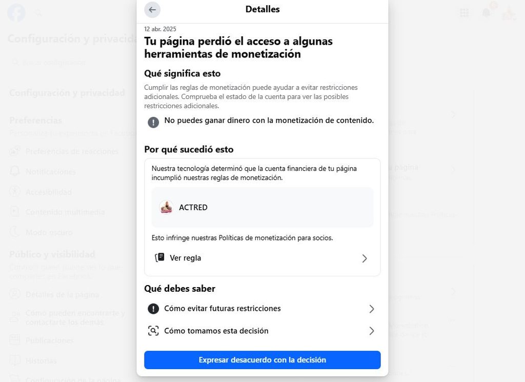 Captura de pantalla para expresar desacuerdo con una decisión de monetización en Facebook